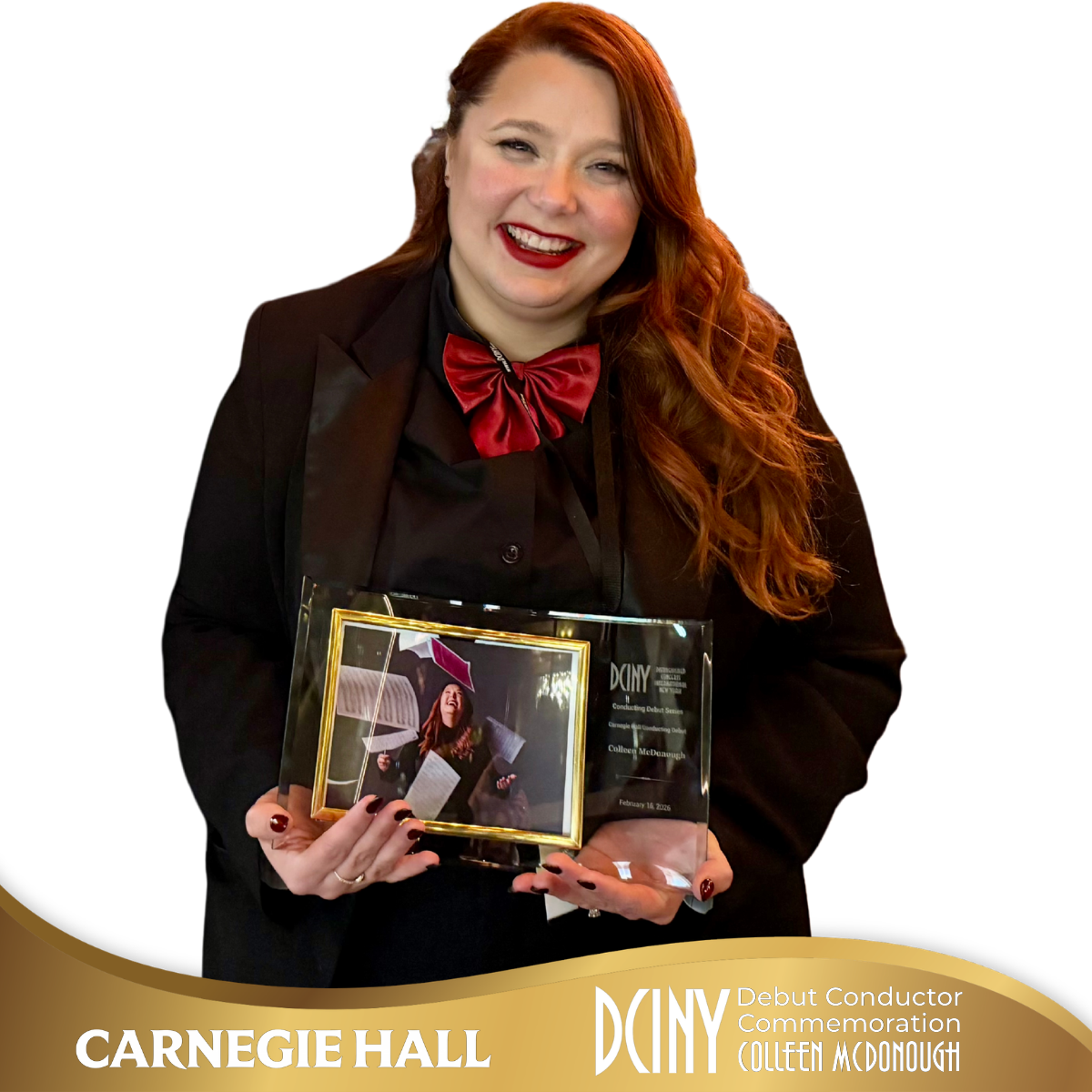 Colleen McDonough holding the inaugural DCINY Conductor Debut Award, Carnegie Hall 2026